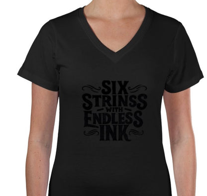Riff Responsibly | Six Strings With Endless Ink V Neck T-Shirt Women