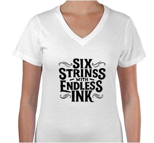 Riff Responsibly | Six Strings With Endless Ink V Neck T-Shirt Women