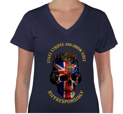 Riff Responsibly | Stars Stripes & Union Vibes V Neck Women T-Shirt