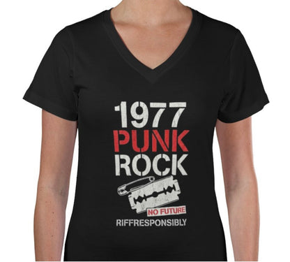 Riff Responsibly | 1977 Punk Rock Women V Neck T-Shirt