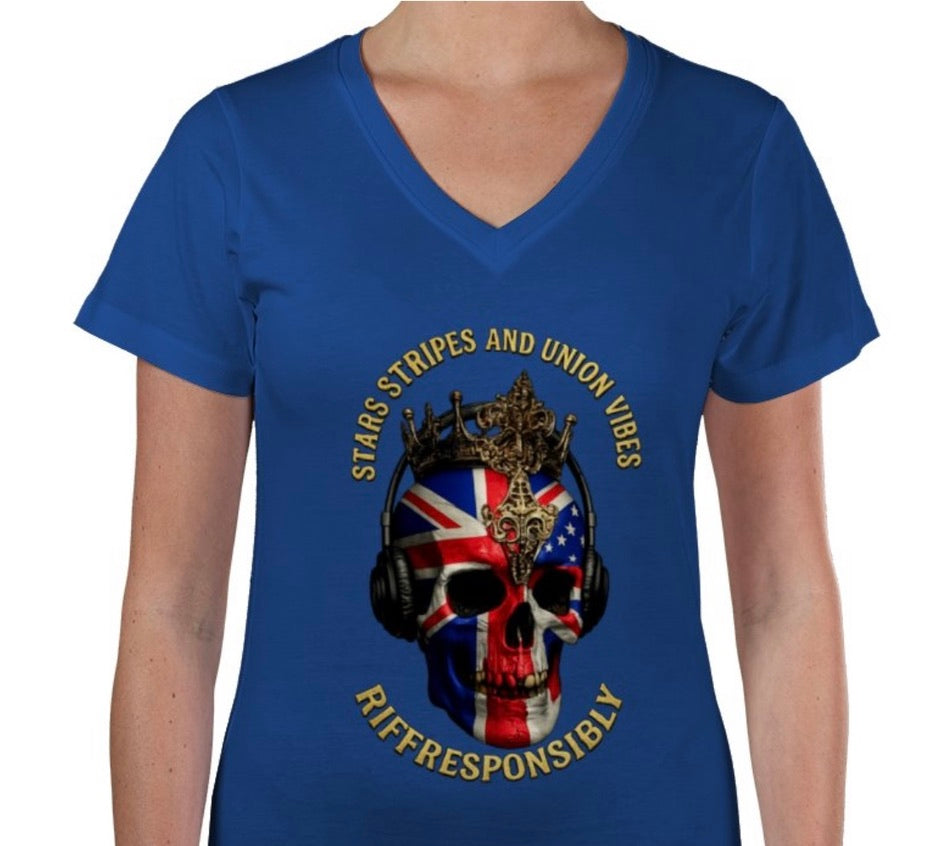 Riff Responsibly | Stars Stripes & Union Vibes V Neck Women T-Shirt