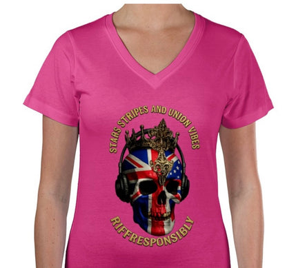 Riff Responsibly | Stars Stripes & Union Vibes V Neck Women T-Shirt