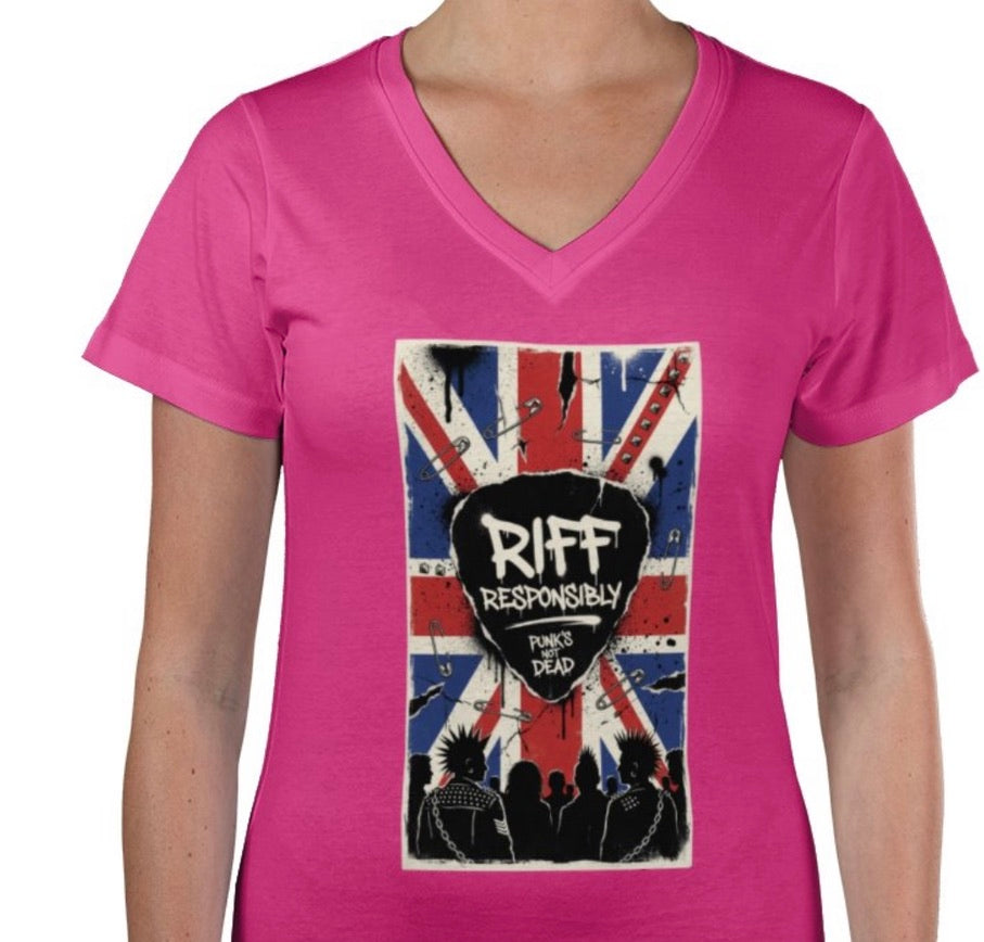 Riff Responsibly | Punk's Not Dead Women V Neck T-Shirt