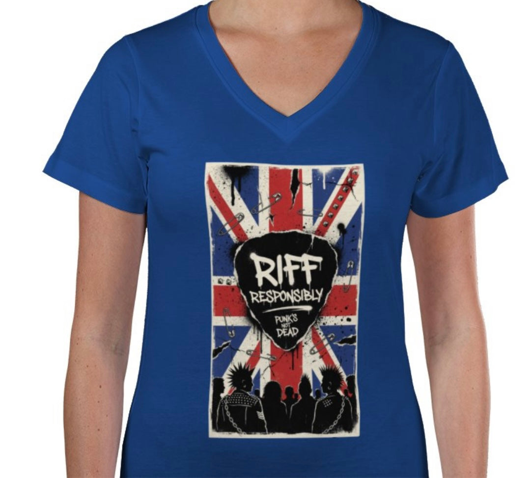 Riff Responsibly | Punk's Not Dead Women V Neck T-Shirt