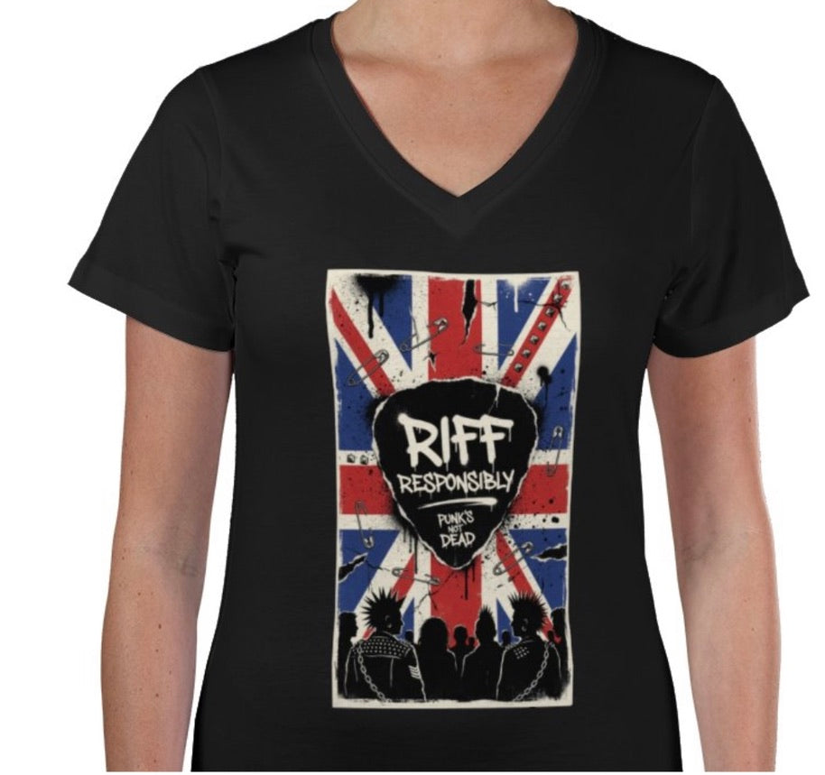 Riff Responsibly | Punk's Not Dead Women V Neck T-Shirt
