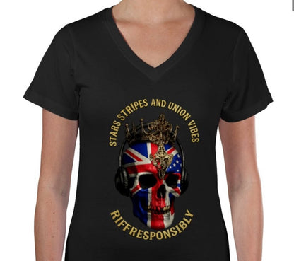 Riff Responsibly | Stars Stripes & Union Vibes V Neck Women T-Shirt