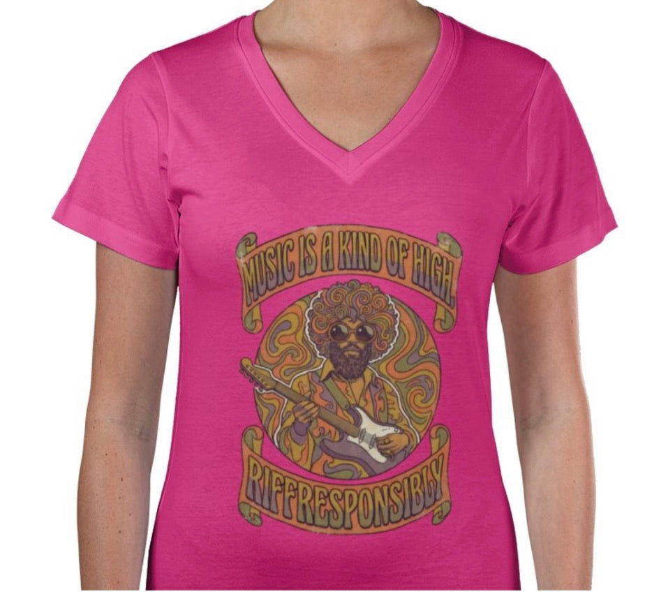 Riff Responsibly | Music Is A Kind Of High Women V Neck T-Shirt