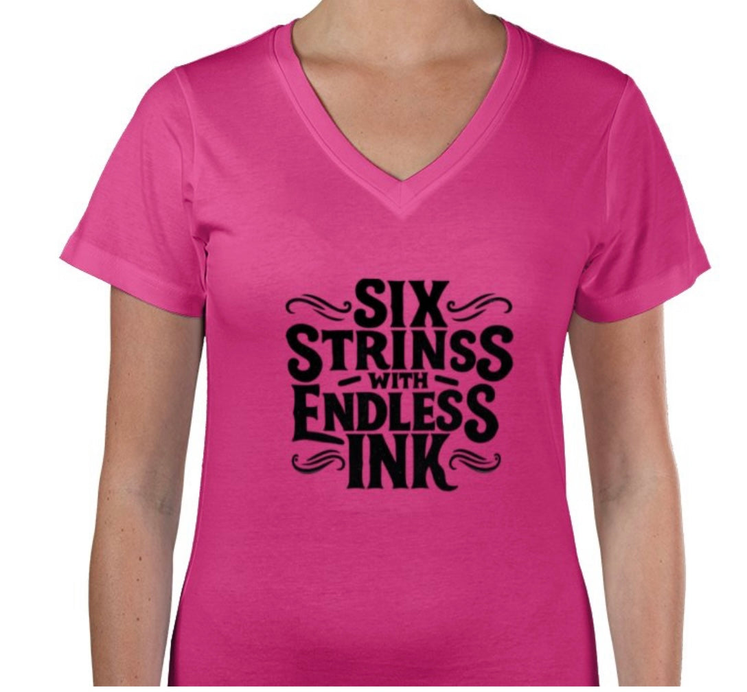 Riff Responsibly | Six Strings With Endless Ink V Neck T-Shirt Women