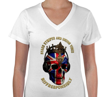 Riff Responsibly | Stars Stripes & Union Vibes V Neck Women T-Shirt
